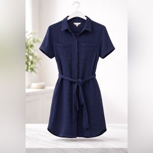 Button-Front Waist-Tie Navy Blue Dress with Pockets Size Small